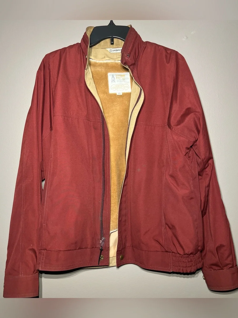 London Fog Men's Rust-Red Bomber Jacket with Tan Lining and hood